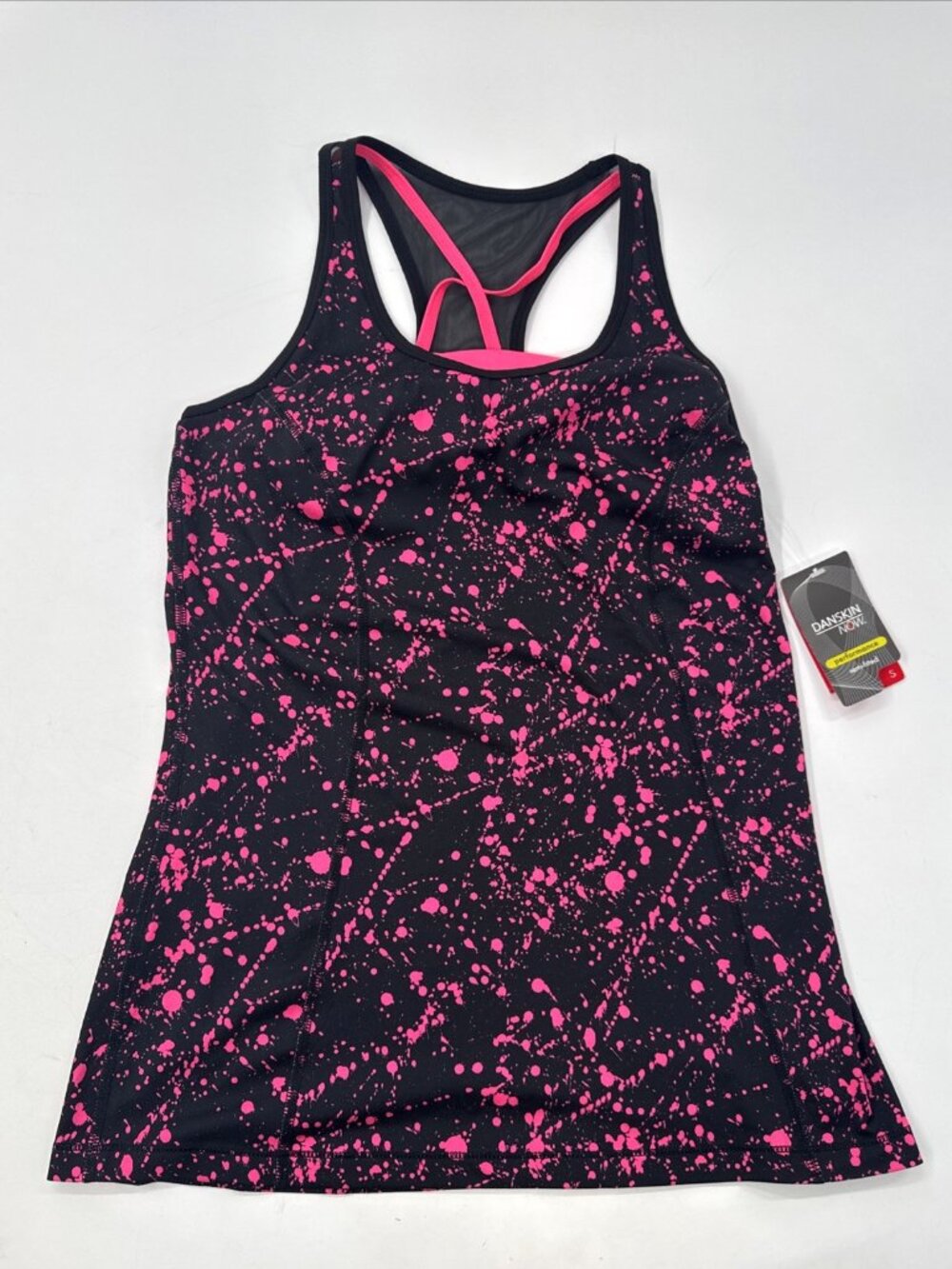 Danskin Now Top Womens Small Semi-Fitted Black Pink Razorback Built in Bra NEW - Picture 1 of 8
